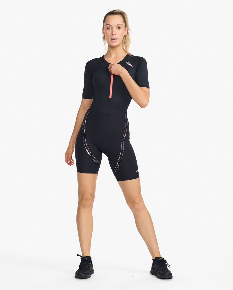Aero Sleeved Trisuit, Black/Hyper Coral